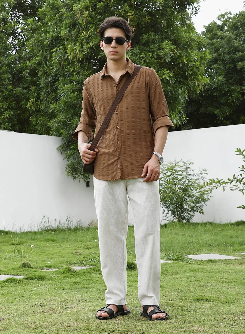 Campus Sutra Men's Textured Brown Full Sleeve Shirt
