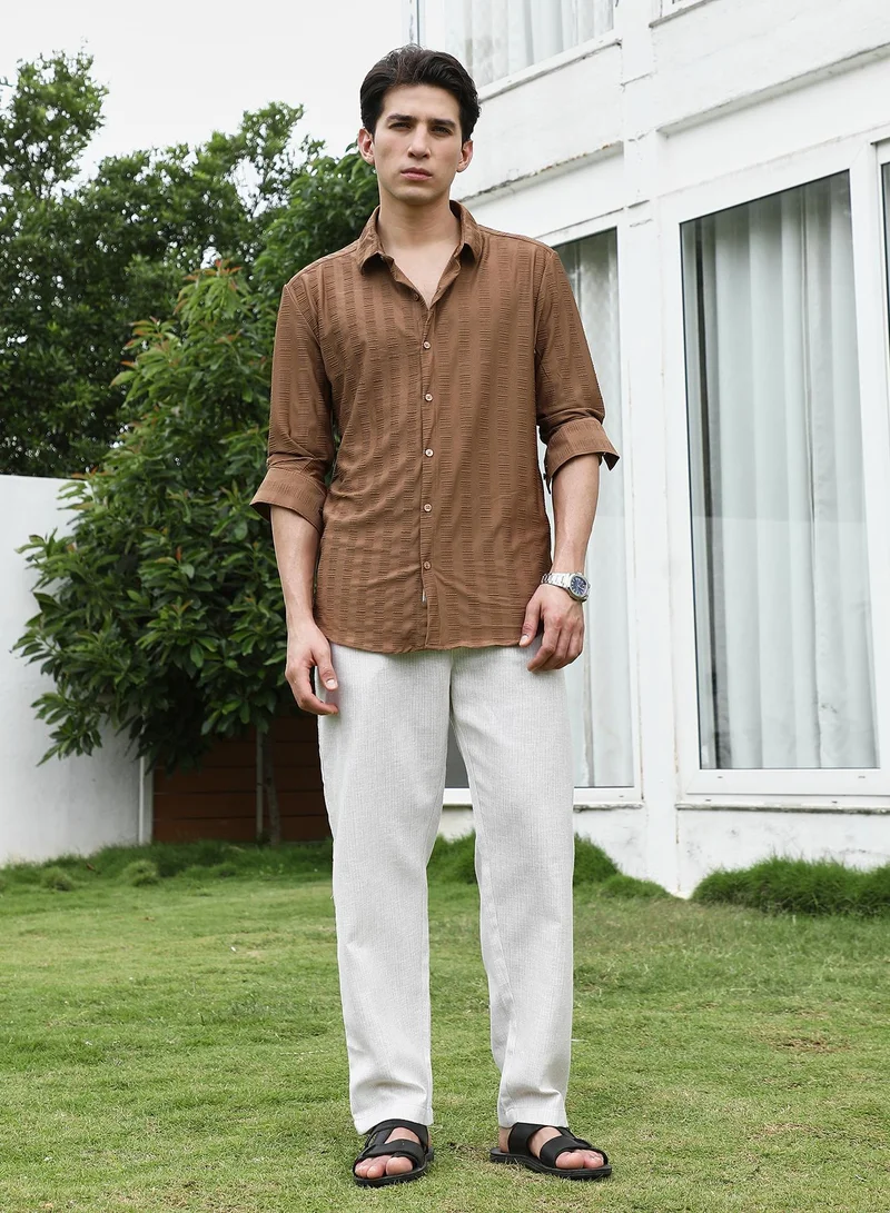 Campus Sutra Men's Textured Brown Full Sleeve Shirt