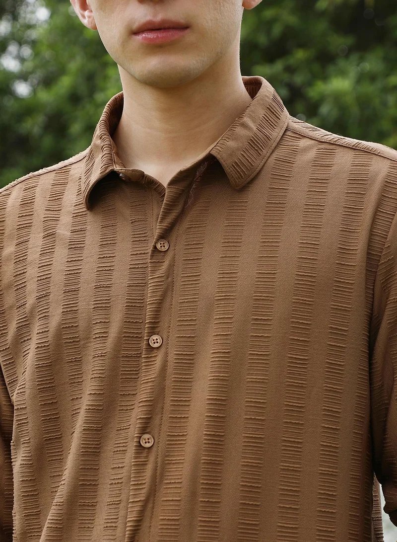 Campus Sutra Men's Textured Brown Full Sleeve Shirt