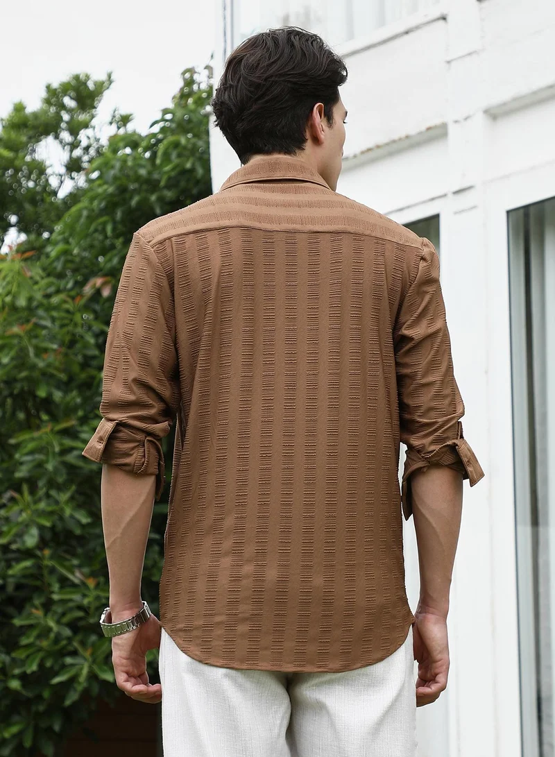 Campus Sutra Men's Textured Brown Full Sleeve Shirt