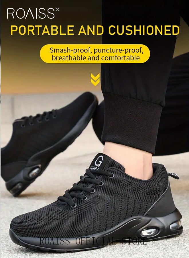 roaiss Men's European Standard Steel Toe Safety Shoes Fly Woven Mesh Work Labor Protection Shoes Mens Light Breathable Moisture Absorbent Sports Shoes Stylish Non Slip Wear Resistant Sneakers Colorblock Sneakers - Image 4