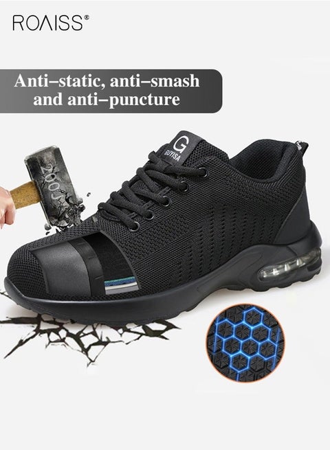 Men Lace Up Steel Toe Safety Shoes Puncture Proof Work Shoes, Stylish Sneakers for Men, Breathable Running Shoes with Soft Sole, Comfy Low Top Sports Shoes, Suitable for Construction, Industrial Sites, Manufacturing and Outdoor Activities Black