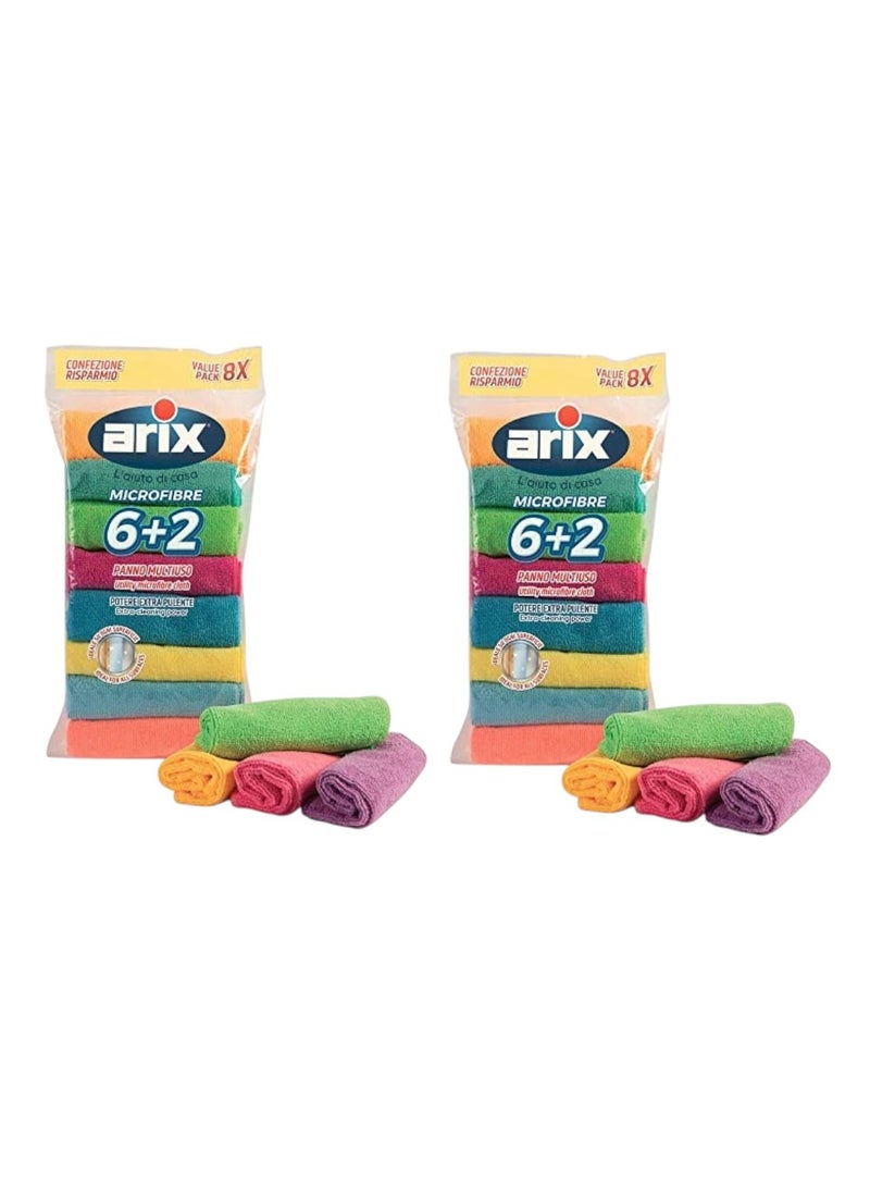 مناديل أريكس ميكروفايبر متعددة العبوات - عبوة من 2 × (6+2) قطعة (إجمالي 16 قطعة) | عبوة قيمة بألوان متنوعة لتنظيف الأسطح المتعددة