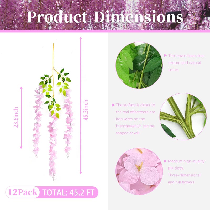 ZEBMOON 24Pack Light Pink Wisteria Hanging Flowers  Light Pink 3.77 Ft Fake Hanging Flowers  Light Pink Artificial Wisteria Garland  Pink Wisteria Flower Vines  Wisteria Garland for Backdrop Wedding Decor - Image 2