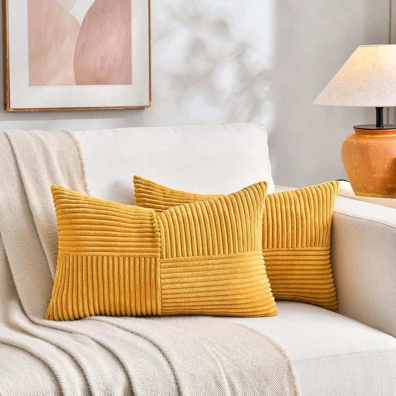 Fancy Homi 2 Packs Gold Yellow Lumbar Decorative Throw Pillow Covers 16x26 Inch for Living Room Couch Bed, Rustic Farmhouse Boho Home Decor, Soft Striped Corduroy Rectangle Accent Cushion Case - Image 5
