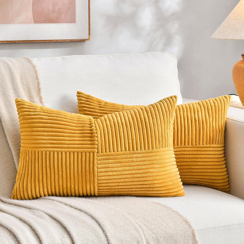 Fancy Homi 2 Packs Gold Yellow Lumbar Decorative Throw Pillow Covers 16x26 Inch for Living Room Couch Bed, Rustic Farmhouse Boho Home Decor, Soft Striped Corduroy Rectangle Accent Cushion Case - Image 1