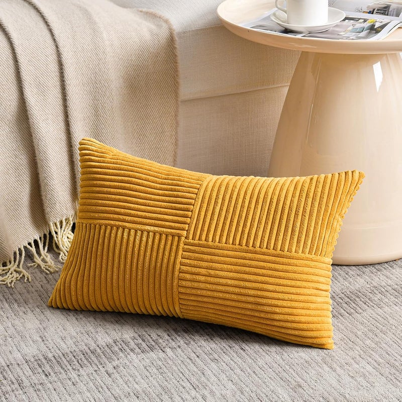 Fancy Homi 2 Packs Gold Yellow Lumbar Decorative Throw Pillow Covers 16x26 Inch for Living Room Couch Bed, Rustic Farmhouse Boho Home Decor, Soft Striped Corduroy Rectangle Accent Cushion Case - Image 2
