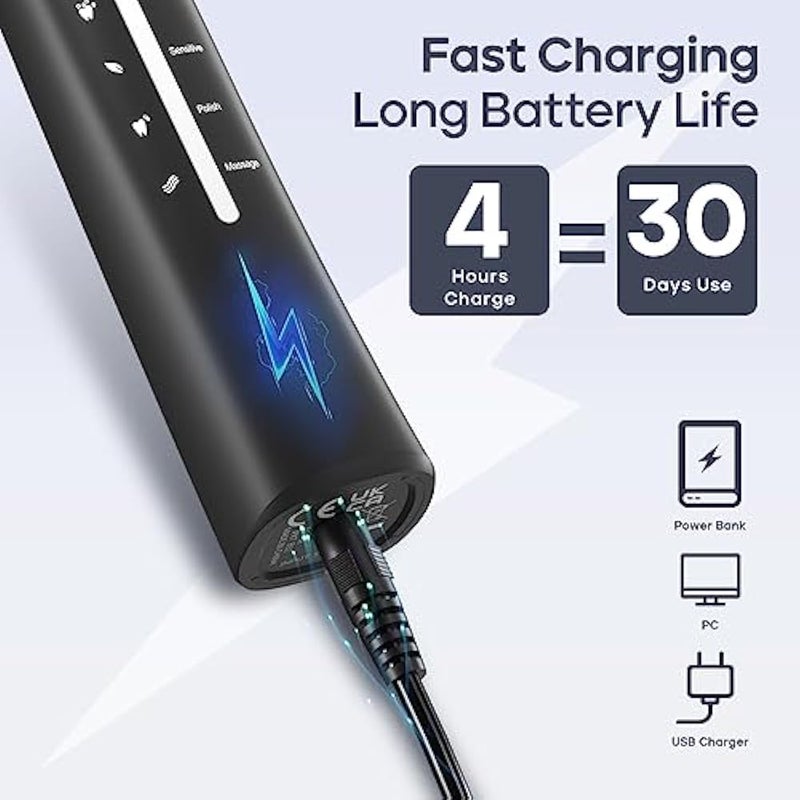 seago Sonic Electric Toothbrush, Rechargeable Power Toothbrush with 8 Duponts Brush Heads, Electric Toothbrush 4000Vpm with 2 Minute Smart Timer, 5 Modes with Teeth Whitening, Gift for Family, Black - Image 5