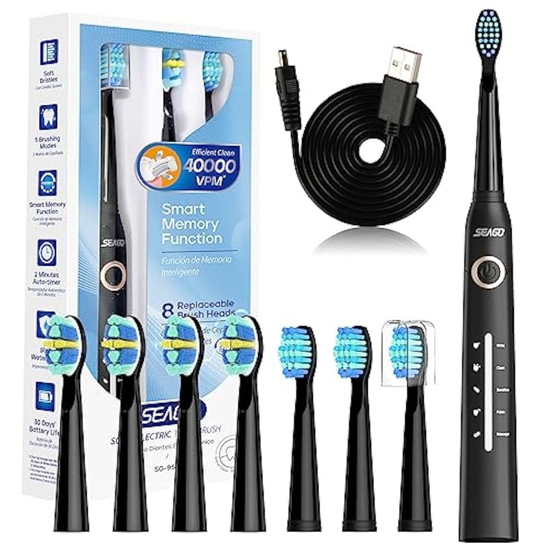 seago Sonic Electric Toothbrush, Rechargeable Power Toothbrush with 8 Duponts Brush Heads, Electric Toothbrush 4000Vpm with 2 Minute Smart Timer, 5 Modes with Teeth Whitening, Gift for Family, Black - Image 1