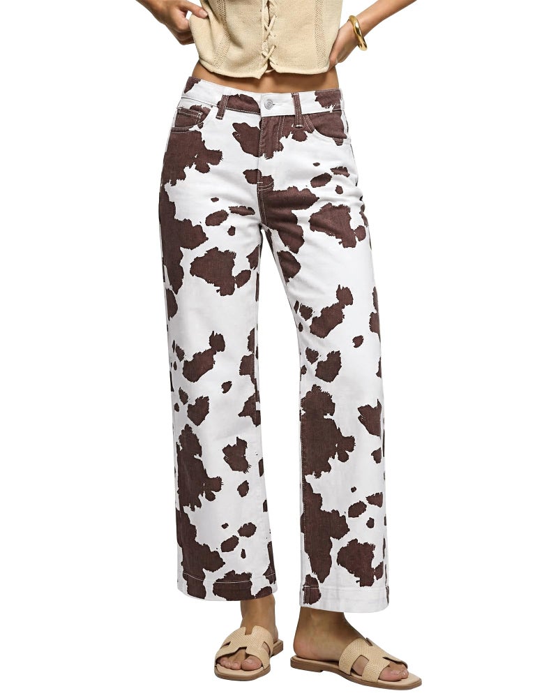 luvamia Wide Leg Cow Print Jeans Woman Trendy High Waisted Ankle Length Stretchy Denim Pants with Pockets Cow Print Size X-Large US Size 16 18 - Image 1