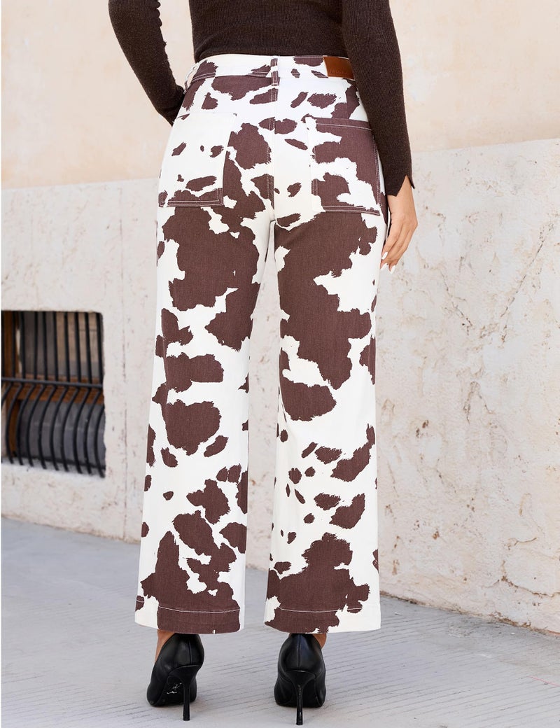 luvamia Wide Leg Cow Print Jeans Woman Trendy High Waisted Ankle Length Stretchy Denim Pants with Pockets Cow Print Size X-Large US Size 16 18 - Image 5