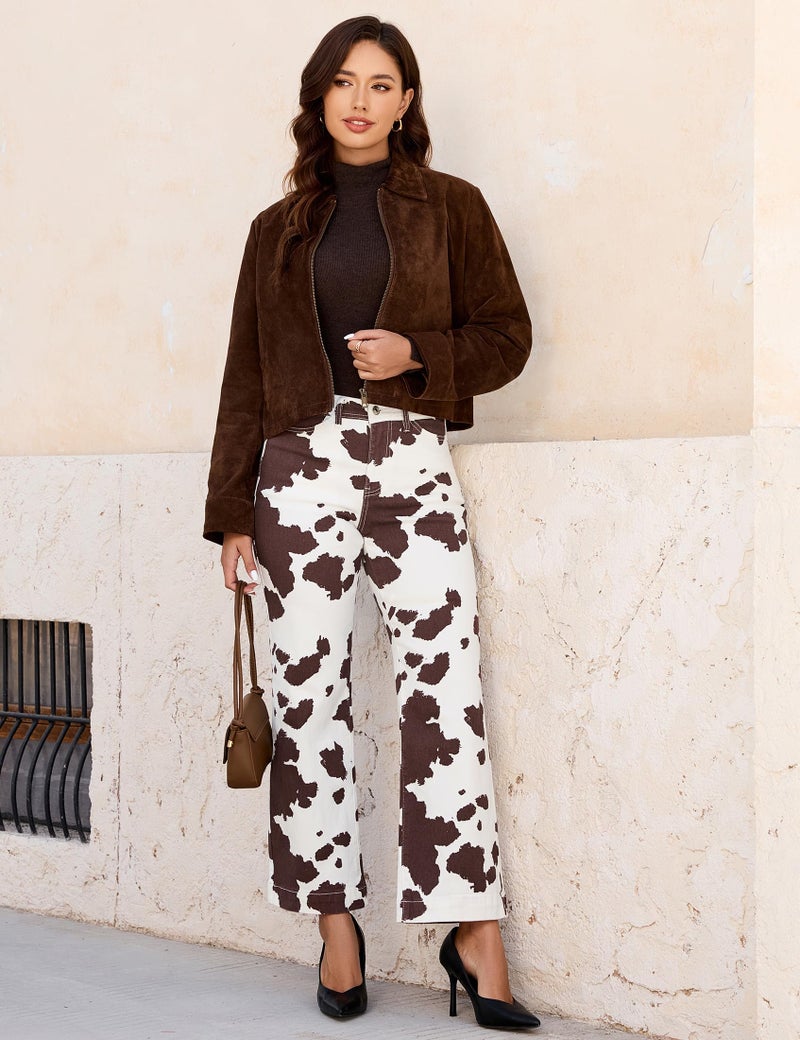 luvamia Wide Leg Cow Print Jeans Woman Trendy High Waisted Ankle Length Stretchy Denim Pants with Pockets Cow Print Size X-Large US Size 16 18 - Image 3