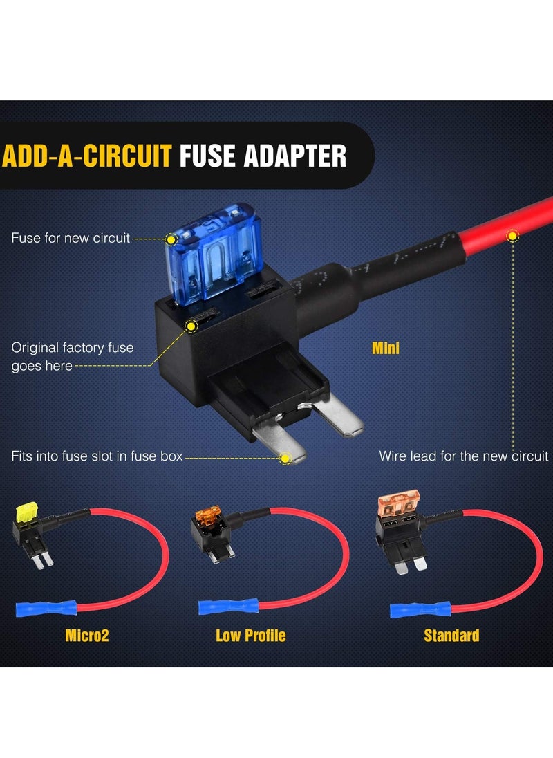 KENSUO - 12V Add-a-Circuit Adapter and Fuse Kit(2024 New), 4 Types Fuse Tap with Standard Micro2 Mini ATC ATS Low Profile Fuse Adapter for Cars Trucks Boats (4 Pack) - Image 1