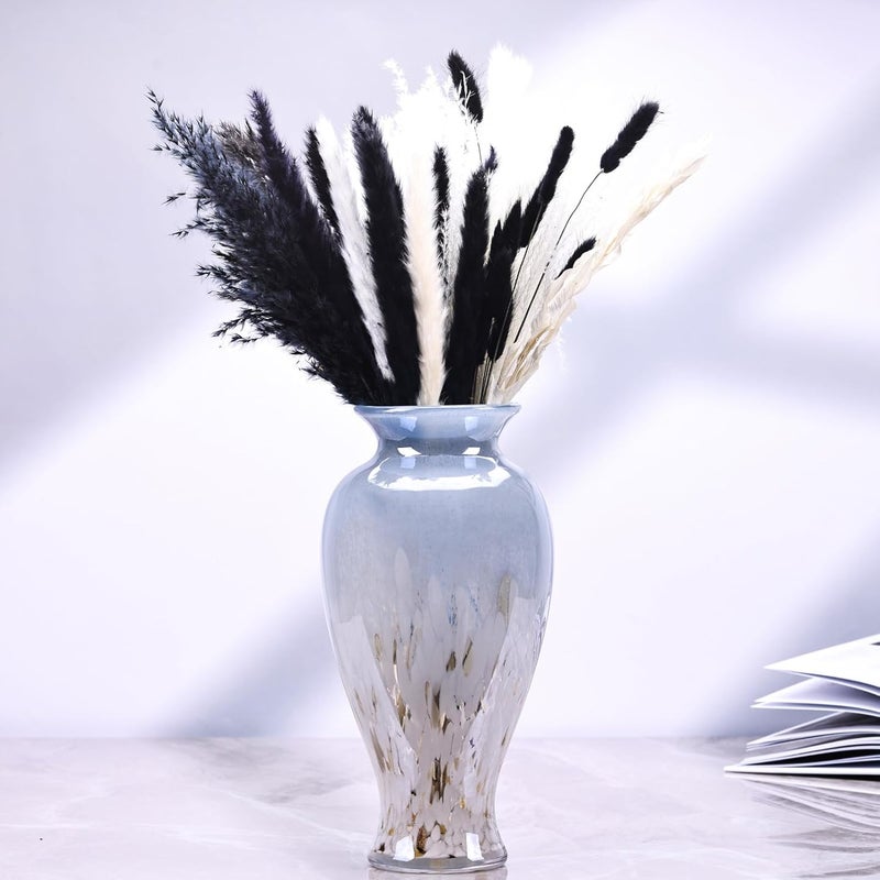 oliruim 11.8" Tall Blown Blue Glass Vase, Colorful Opaque Glass Vase, Unique Design Wide Mouth Art Vase Decoration for Home, Living Room, Dining Table, Pampas Grass Decor (Blue White) - Image 1