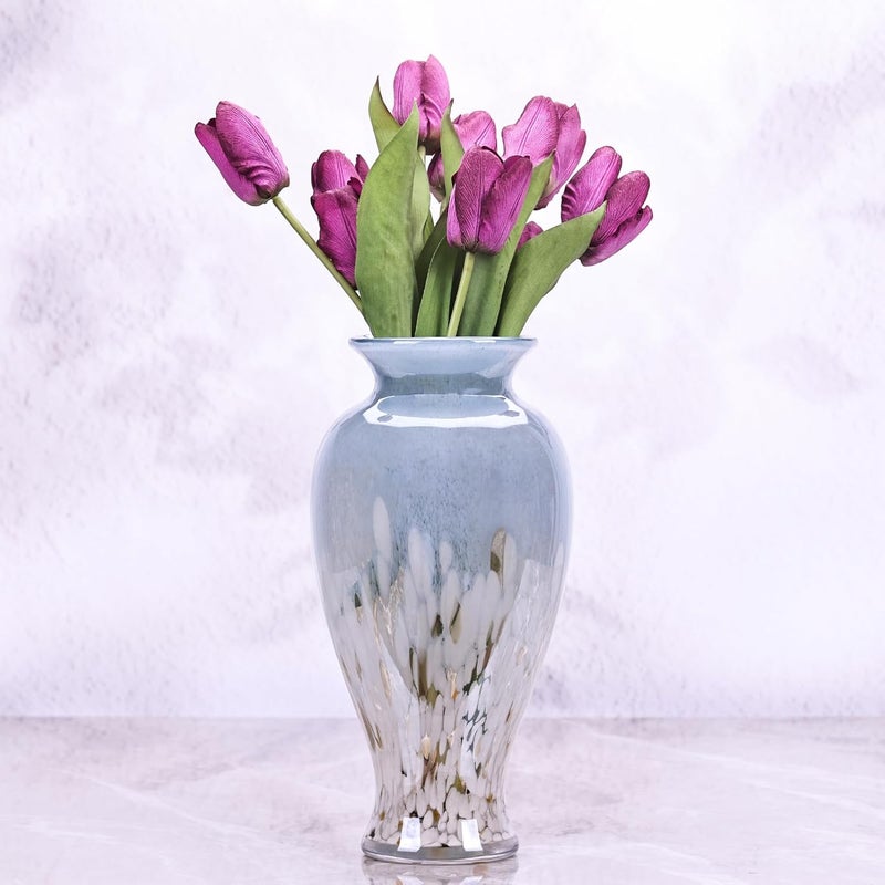 oliruim 11.8" Tall Blown Blue Glass Vase, Colorful Opaque Glass Vase, Unique Design Wide Mouth Art Vase Decoration for Home, Living Room, Dining Table, Pampas Grass Decor (Blue White) - Image 5
