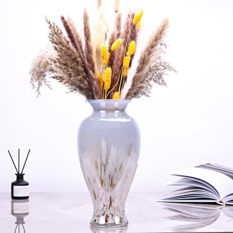 oliruim 11.8" Tall Blown Blue Glass Vase, Colorful Opaque Glass Vase, Unique Design Wide Mouth Art Vase Decoration for Home, Living Room, Dining Table, Pampas Grass Decor (Blue White) - Image 3