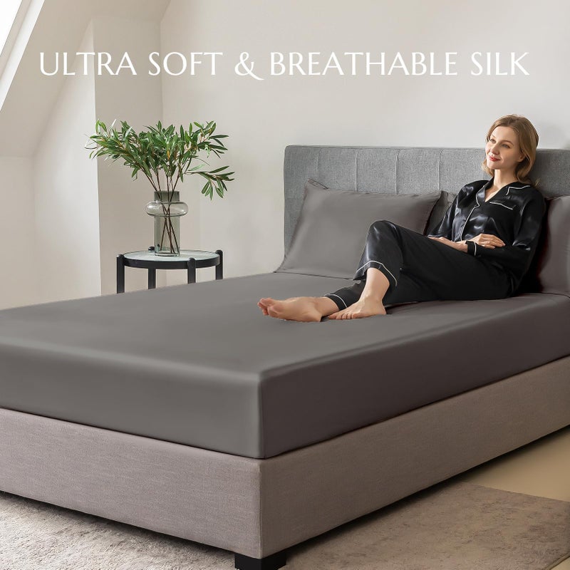 THXSILK THXSILK Natural Silk Fitted Bed Sheet  100% 7A+ Silk  Deep Pocket to 16 ""  Soft and Wrinkle Free  1 Fitted Sheet Only (King  Charcoal)  - Image 5