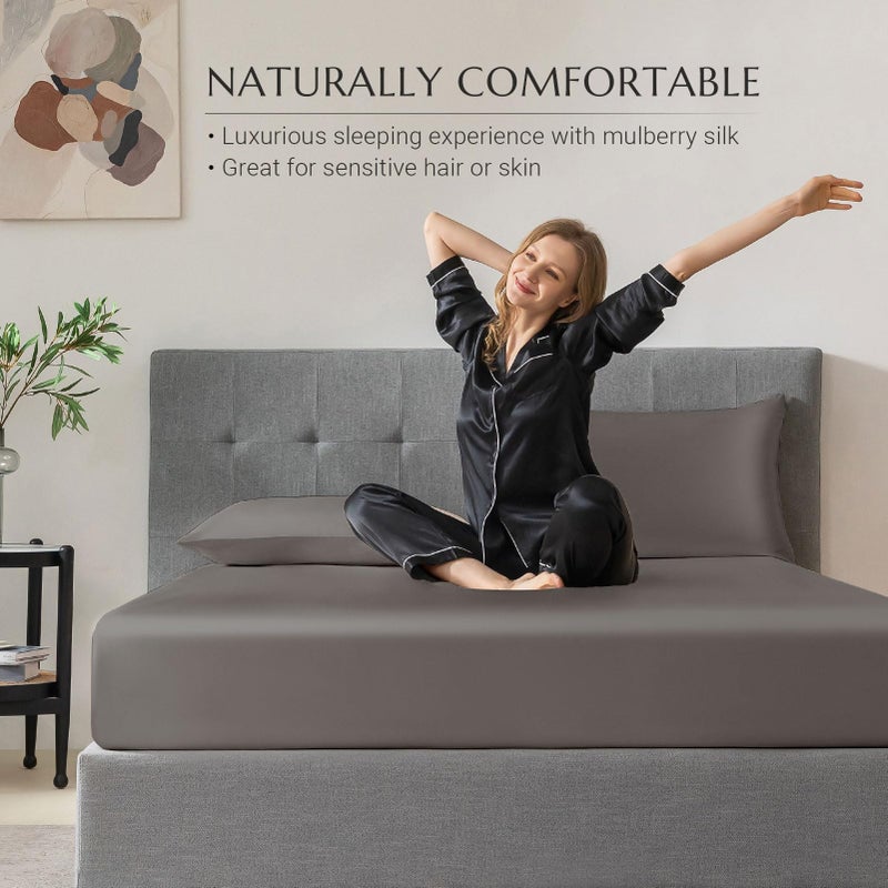 THXSILK THXSILK Natural Silk Fitted Bed Sheet  100% 7A+ Silk  Deep Pocket to 16 ""  Soft and Wrinkle Free  1 Fitted Sheet Only (King  Charcoal)  - Image 4