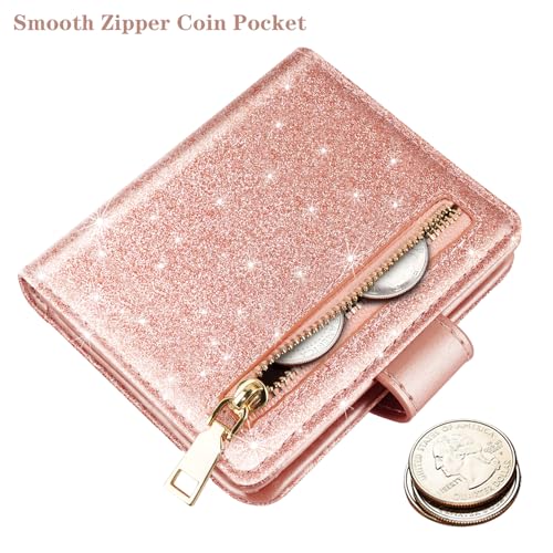Simikol Slim Bifold Wallet RFID Credit Card Wallet Glitter Leather Small Cute Card Holder for Women, Rose Gold - Image 4