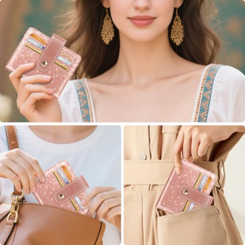 Simikol Slim Bifold Wallet RFID Credit Card Wallet Glitter Leather Small Cute Card Holder for Women, Rose Gold - Image 3