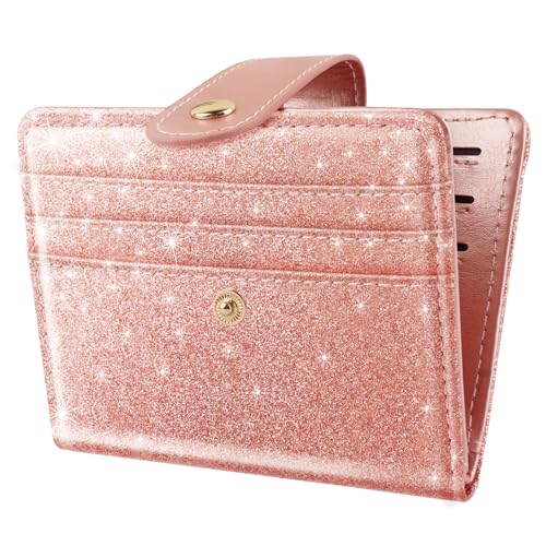 Simikol Slim Bifold Wallet RFID Credit Card Wallet Glitter Leather Small Cute Card Holder for Women, Rose Gold - Image 1