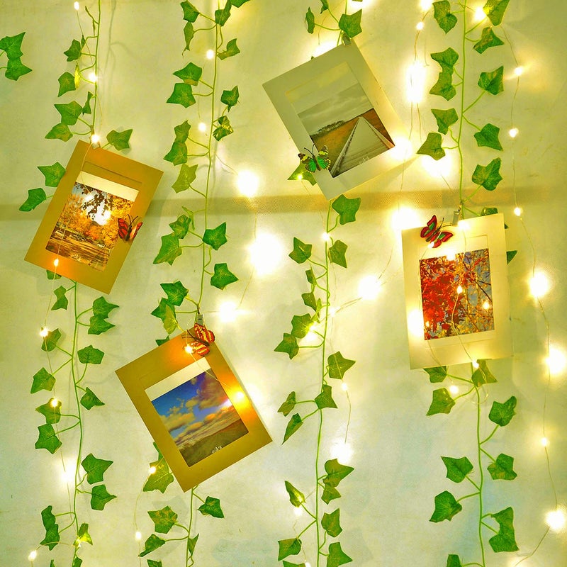 Naidiler 12 Pcs Artificial Ivy Garland Fake Vines with 32 Ft Lights String (100 LED) Decor Faux Green Hanging Plant Greenery for Wall Party Wedding Room Home Kitchen Indoor & Outdoor Decoration - Image 2