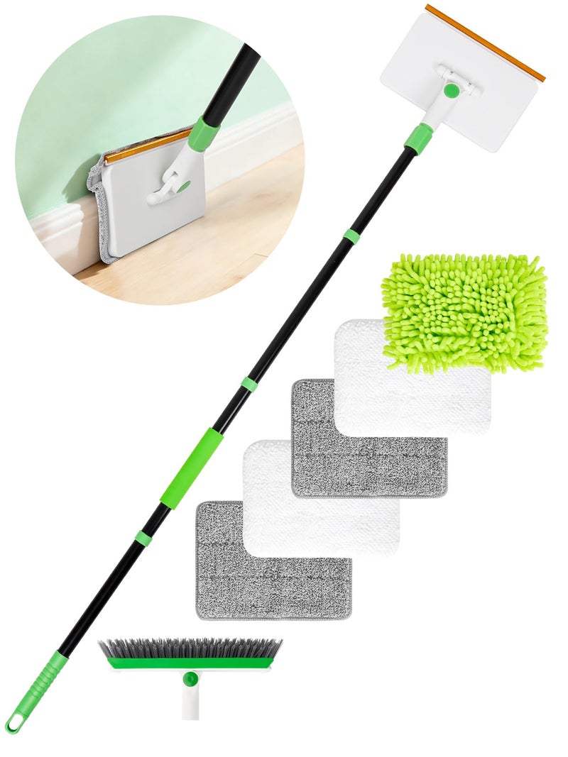 Nicecastle 4-in-1 Baseboard Cleaning Tool with Handle 5 Reusable Pads 1 Stiff Bristle Brush Carpet Rake for Pet Hair Removal Baseboard Cleaner Carpet Windows Wall Floor Bathroom Kitchen - Image 1