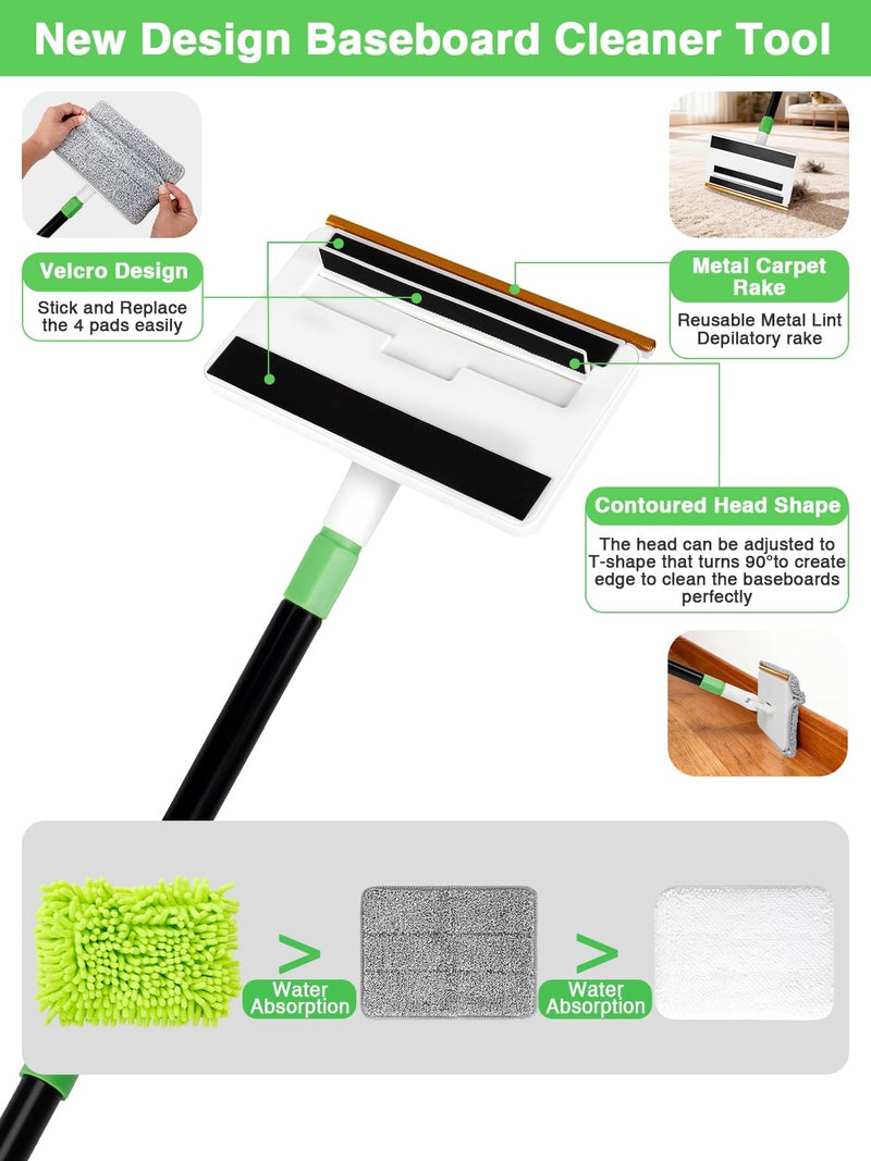 Nicecastle 4-in-1 Baseboard Cleaning Tool with Handle 5 Reusable Pads 1 Stiff Bristle Brush Carpet Rake for Pet Hair Removal Baseboard Cleaner Carpet Windows Wall Floor Bathroom Kitchen - Image 2