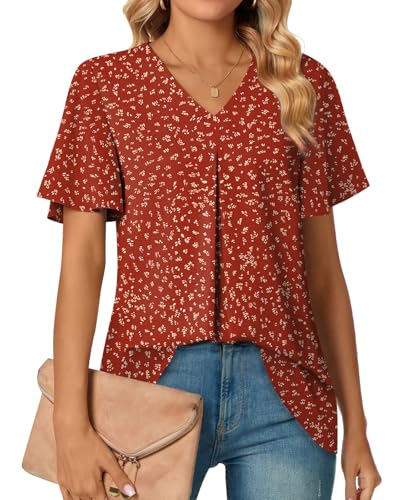 Anyally Women's Summer Dressy Chiffon Blouses V Neck Ruffle Short Sleeve Tunic Tops for Leggings Casual T-Shirts, XL Polka Dots Red - Image 1