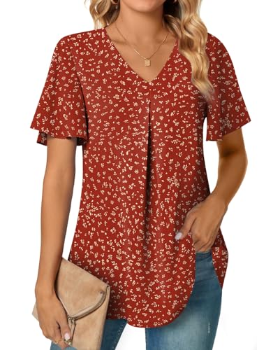 Anyally Women's Summer Dressy Chiffon Blouses V Neck Ruffle Short Sleeve Tunic Tops for Leggings Casual T-Shirts, XL Polka Dots Red - Image 2