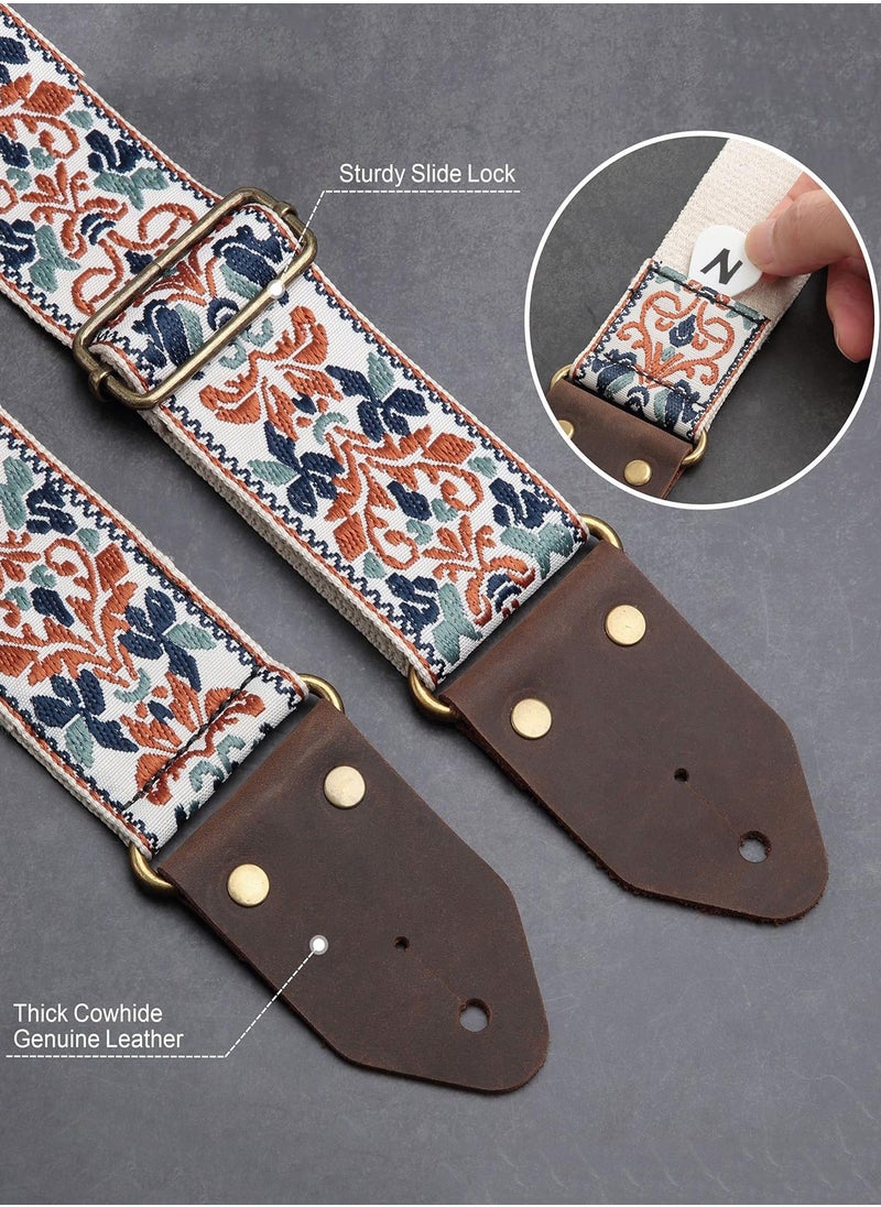 LENND Guitar Strap,Jacquard Embroidery Cotton Guitar Straps with Crazy Horse Leather Ends for Bass, Electric & Acoustic, Best Gifts for Kids, Guitarists(Golden Jacquard)  - Image 2
