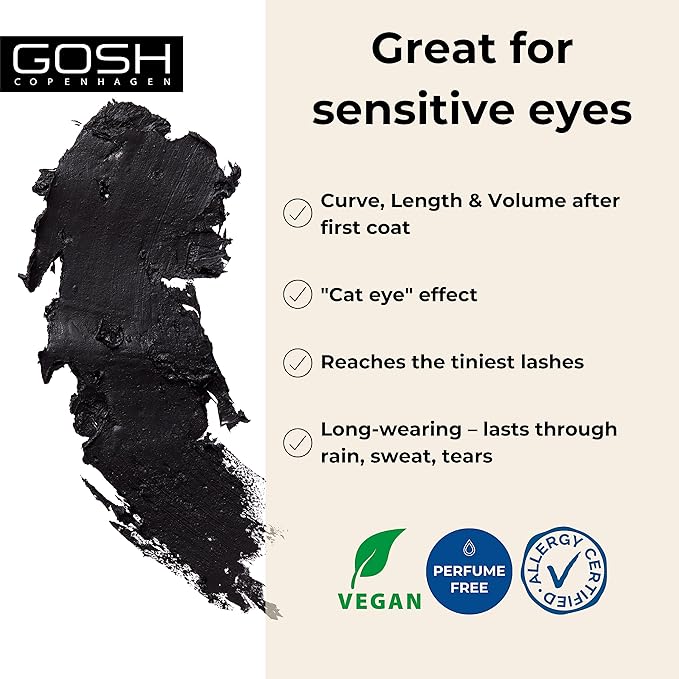 gosh ماسكارا جوش كاتشي آيز معتمدة ضد الحساسية لرموش طويلة ومحددة بشكل إضافي مع تأثير عيون القطط | ماسكارا مضادة للحساسية لمرضى الحساسية ومرتدي العدسات اللاصقة | خالية من العطور | 001 أسود - Image 2
