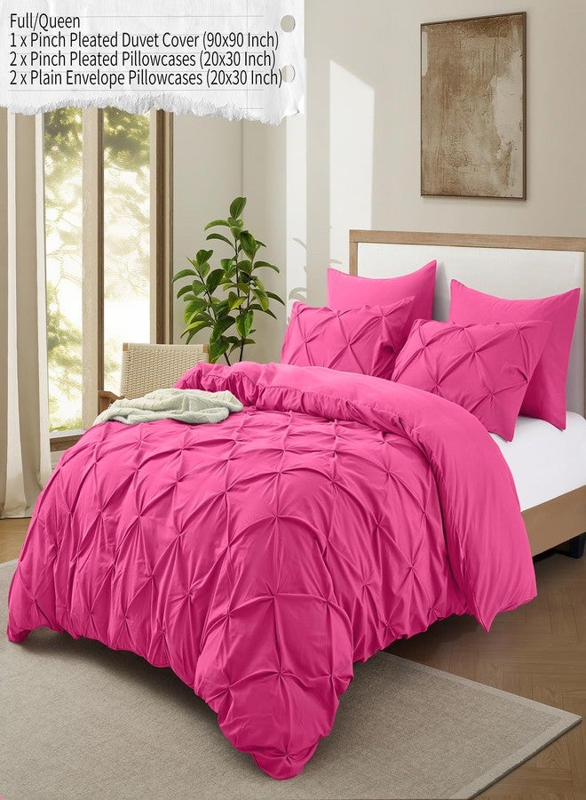 VACVELT 5 Piece Pinch Pleated Duvet Cover Full/Queen Size Set, Hot Pink Pintuck Duvet Cover with Zipper & 8 Ties, Shabby Chic Microfiber Duvet Cover + 2 Pillow Shams + 2 Pillowcases, No Comforter - Image 2