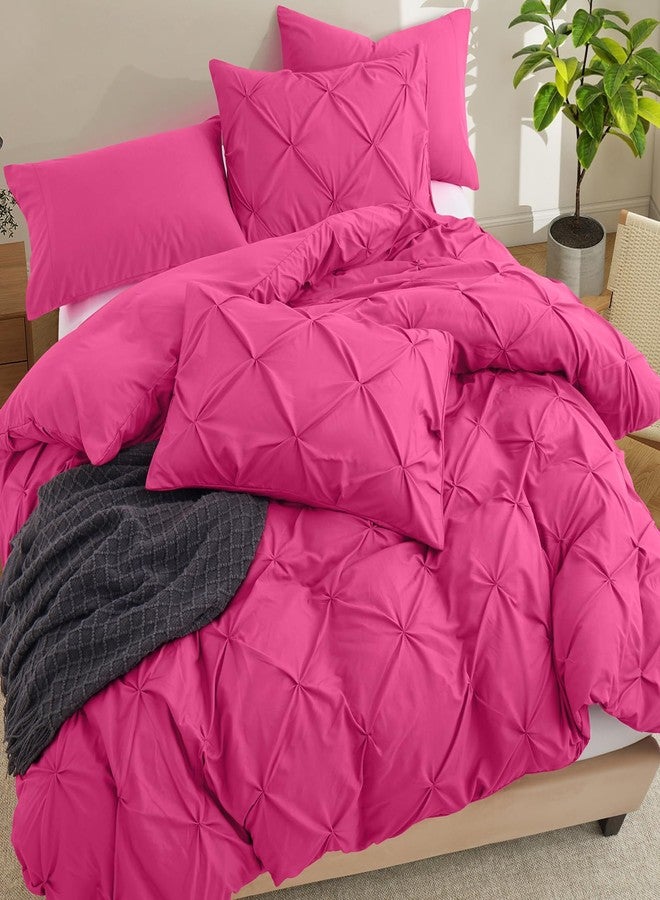 VACVELT 5 Piece Pinch Pleated Duvet Cover Full/Queen Size Set, Hot Pink Pintuck Duvet Cover with Zipper & 8 Ties, Shabby Chic Microfiber Duvet Cover + 2 Pillow Shams + 2 Pillowcases, No Comforter - Image 3