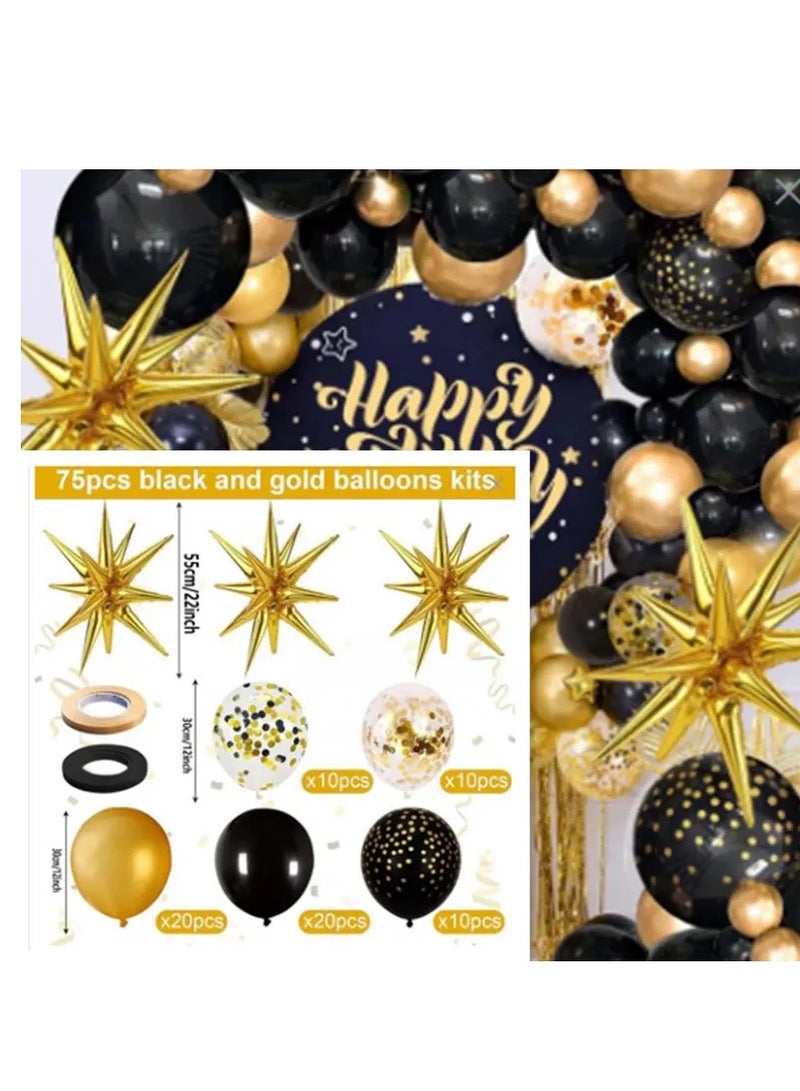 75-Piece Black and Gold Balloon Garland Arch Kit - 5, 10, 12, 18 Inch Black, Gold, and Confetti Latex Balloons for 2025 Graduation, New Year, Birthday, Anniversary, and Party Decorations - Image 4