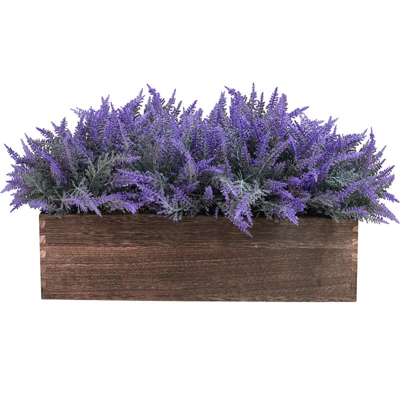 Winlyn 14" Artificial Lavender Flowers Plants in Rectangular Wooden Planter Box Faux Frosted Lavender Potted Arrangements Floral Centerpiece for Farmhouse Home Wedding Table Centerpiece Mantel Décor - Image 1