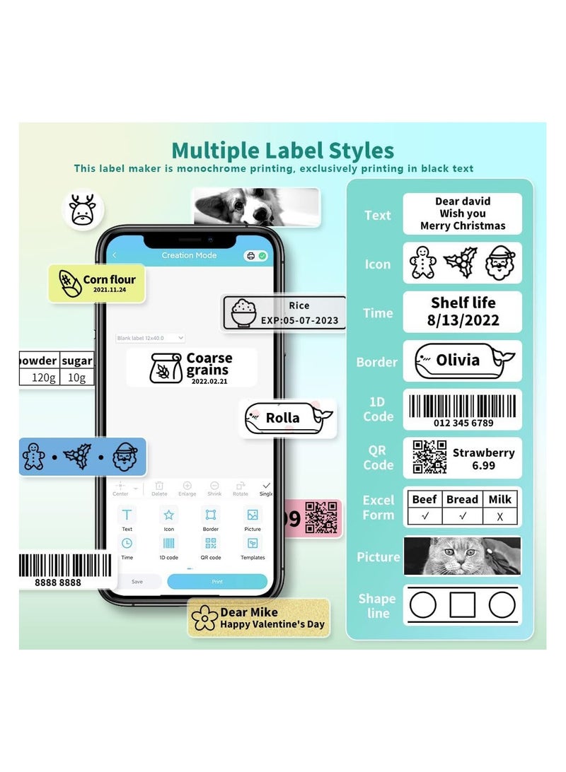 Labeller, Portable Bluetooth Mini Label Printer, Smartphone Handheld Thermal Sticker Small Sticker Multi-Template Font Icon Inkless for Home Office - Image 3