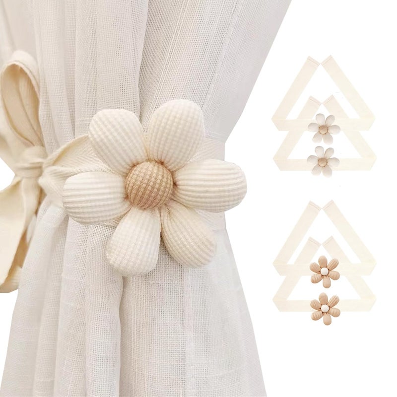 SRG 4Pcs Curtain Tiebacks | Boho Flower Curtain Holdbacks | Simple Elegant Sunflower Curtain Holders | Boho Bedroom Decorï¼ã2Pcs Cream&2Pcs Khakiï¼‰ - Image 1