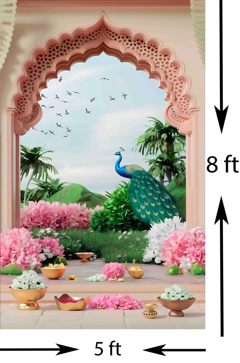 NK Textiles Door Entrance Design Backdrop Cloth for Pooja Decoration Traditional, Background Decoration Cloth for Pooja Background, Curtain Cloth for Festival Fabric (Size-5x8 Feet) (Printed) - Image 2