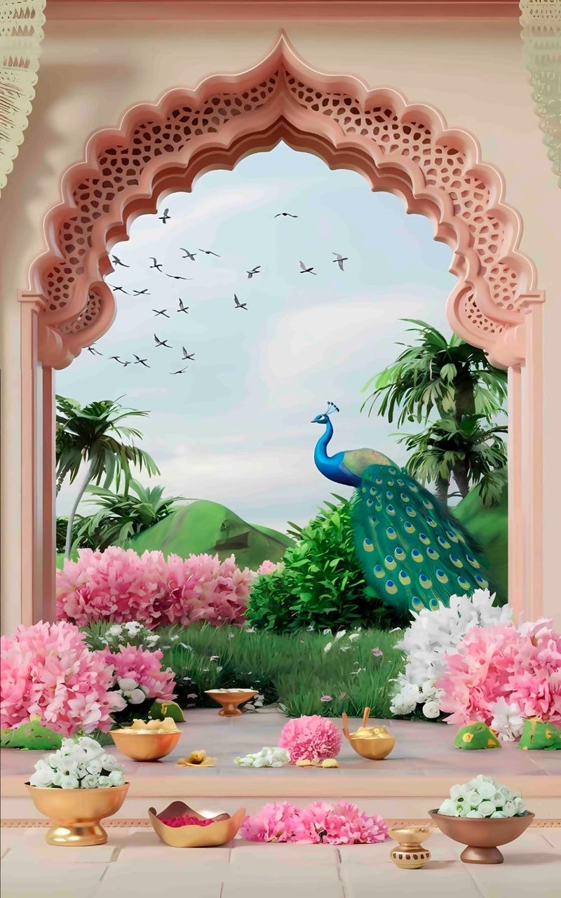 NK Textiles Door Entrance Design Backdrop Cloth for Pooja Decoration Traditional, Background Decoration Cloth for Pooja Background, Curtain Cloth for Festival Fabric (Size-5x8 Feet) (Printed) - Image 1