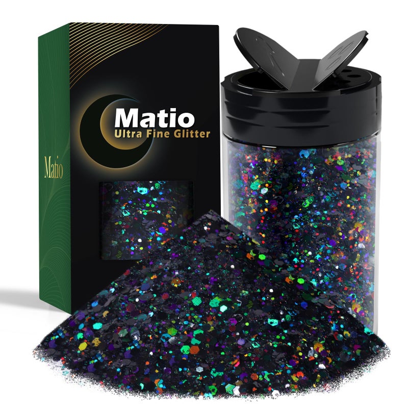 Matio Holographic Chunky Glitter 78oz220g Black Craft Glitter for Resin Chunky Nail Flake Sequin Mixed Fine Glitter Powder Bulk Black Glitter for Rose Flower Nail Art DIY Tumbler Festival Decor