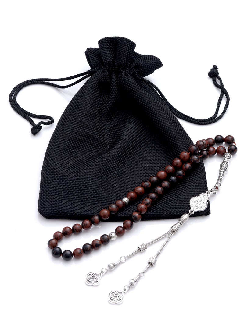 Subhati - Prayer Beads (Misbah ) with metal Parts and Mahogany Obsidian Stone | 8 MM Beads - 45 Pcs | ya rahmun ya rahim - Image 1