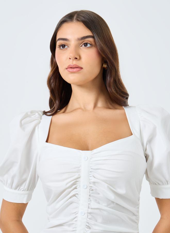 ستايلي فستان ميدي بأكمام منفوخة وتفاصيل مُجمعة - Image 4