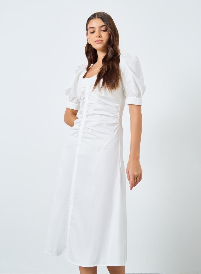 ستايلي فستان ميدي بأكمام منفوخة وتفاصيل مُجمعة - Image 3