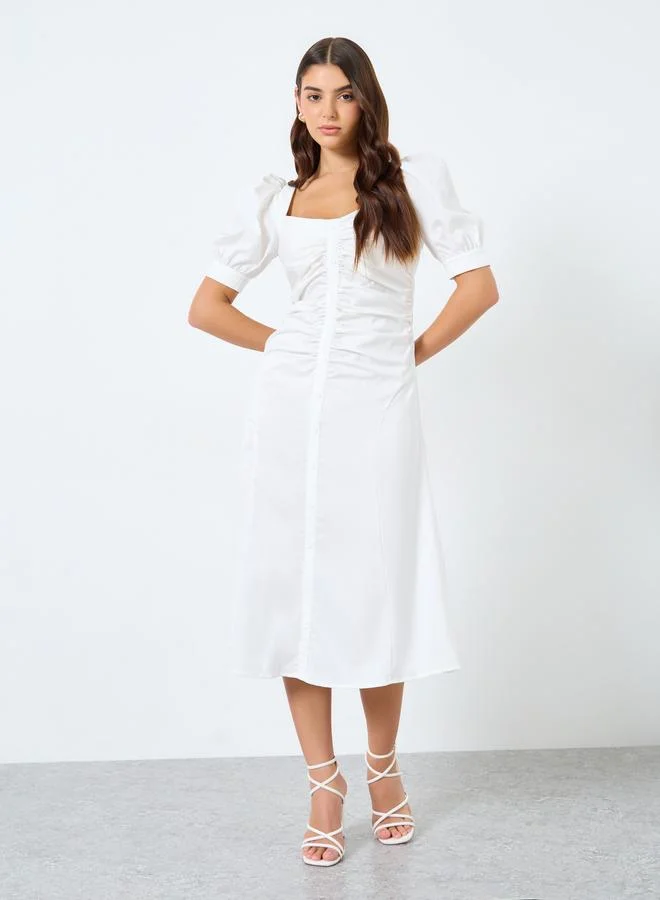 Styli Styli Puff Sleeves Gathered Detail A-Line Midi Dress