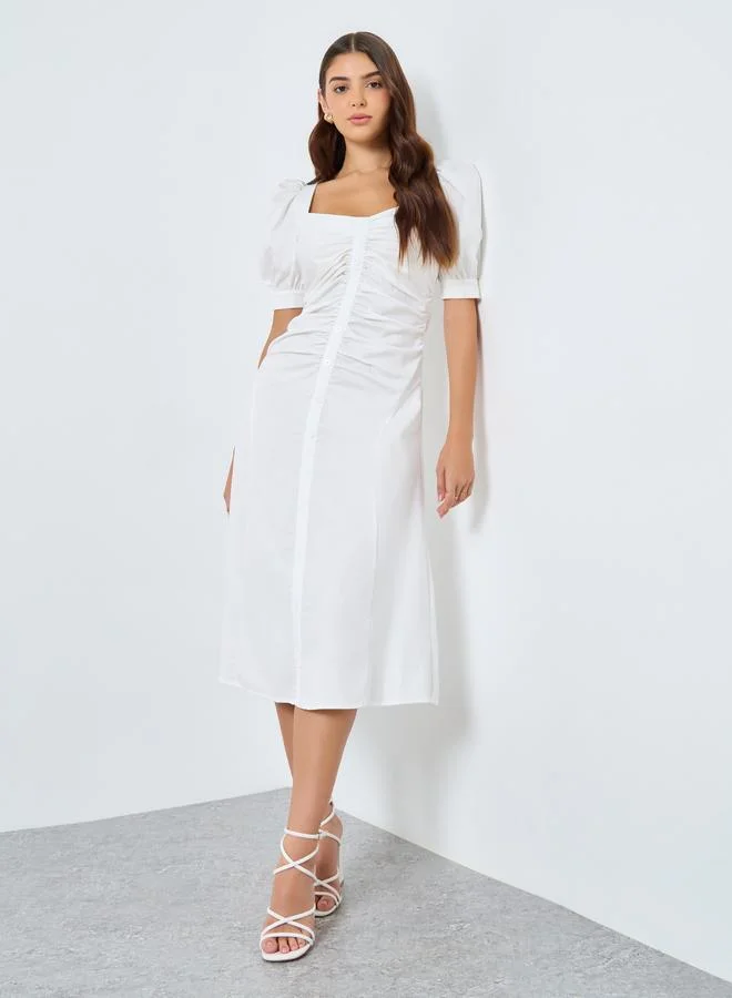 Styli Puff Sleeves Gathered Detail A-Line Midi Dress