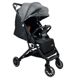 Foldable and lightweight baby stroller with flexible wheels and a protective canopy, dark gray color