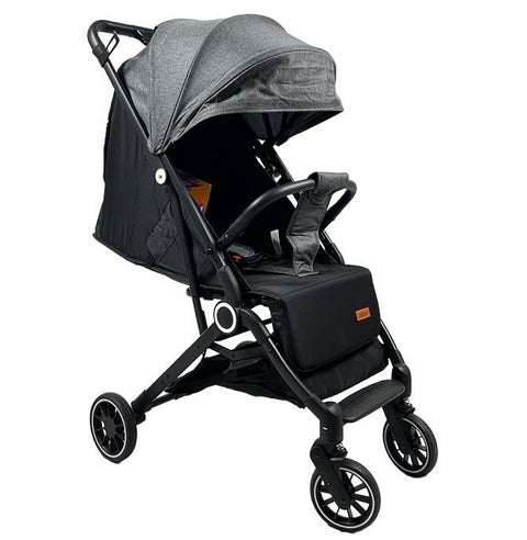 Foldable and lightweight baby stroller with flexible wheels and a protective canopy, dark gray color