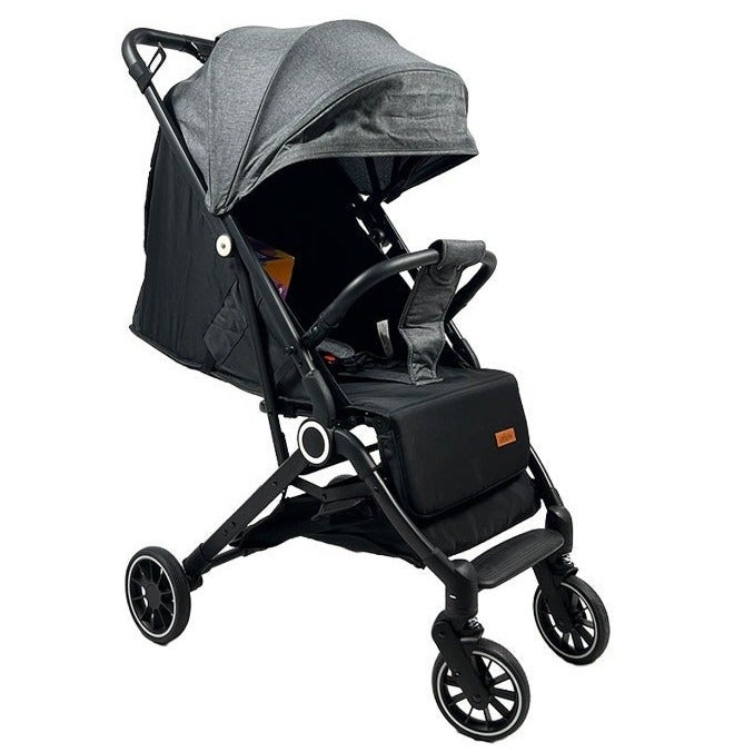 Foldable and lightweight baby stroller with flexible wheels and a protective canopy, dark gray color - Image 1