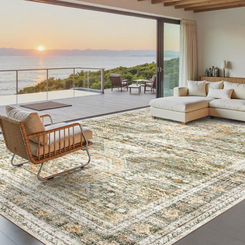 Soalmost Washable Area Rug 8x10, Large Soft Rugs for Living Room Vintage 8x10 Area Rugs for Bedroom Dining Room Non-Slip Stain Resistant Under Table Green Orange Rug - Image 1